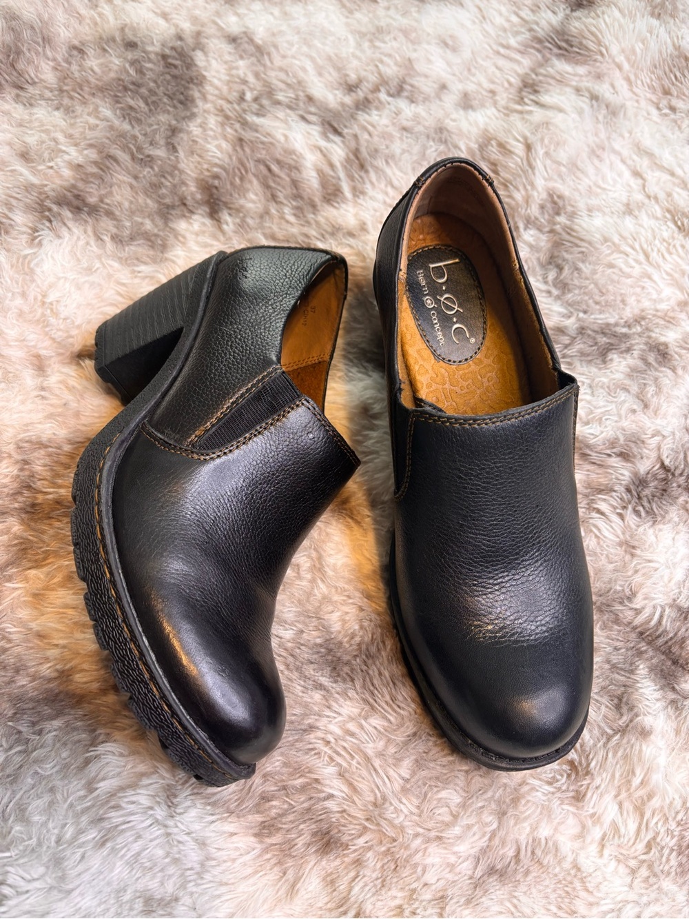 b.o.c. Black Leather Slip-On Block Heel Clog - Womens